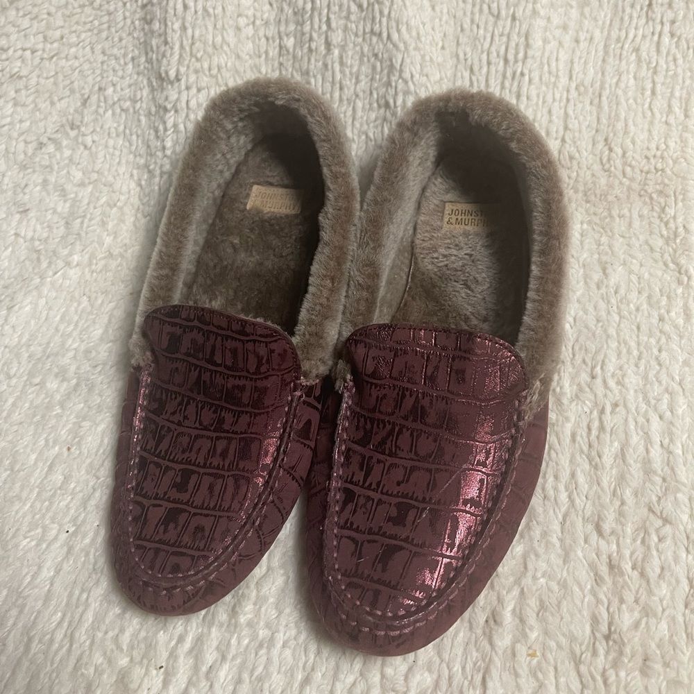 Johnston & Murphy metallic Plum suede print Shearling Moccasins SZ8M